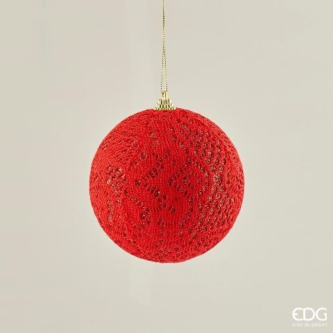 картинка Елочное украшение "Кружевной шар" красный большой 12см